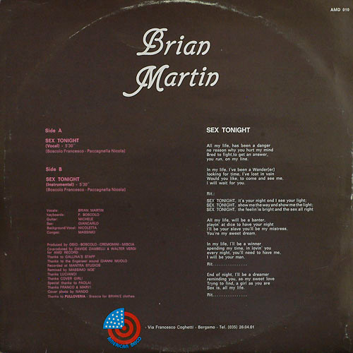 Brian Martin Sex Tonight (Back Cover)